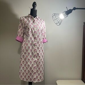 PATTY KIM Pink Floral Button Up Shirt Dress Adjustable Sleeves Womens Size Small